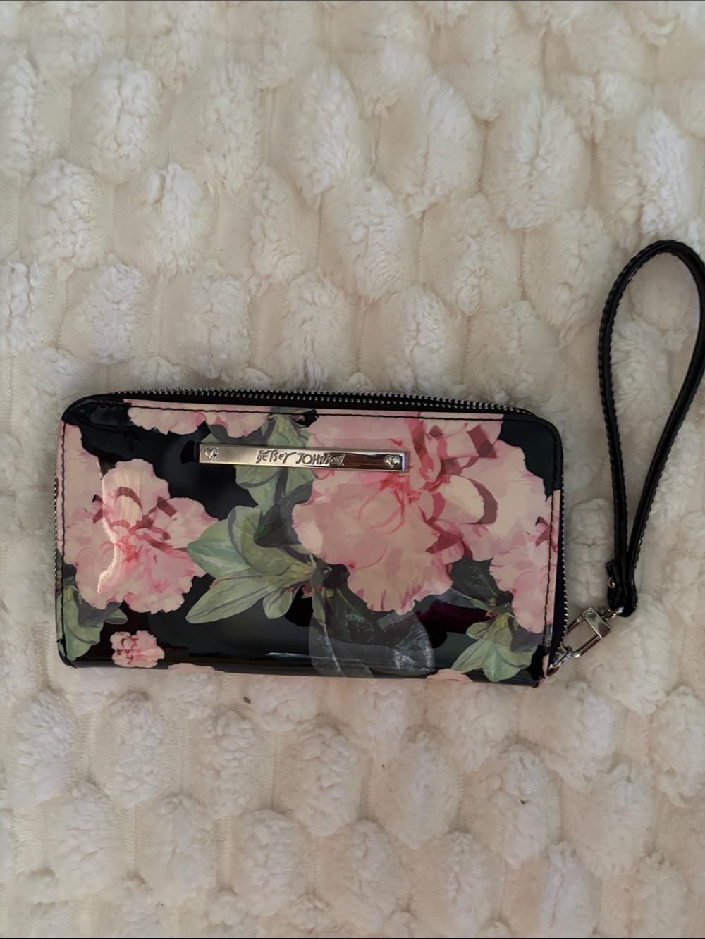 Betsey Johnson Black Patent Floral Wristlet with Pink Roses